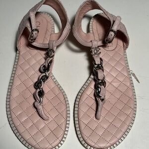 CHANEL Light Pink Quilted Sandals with Silver Accents